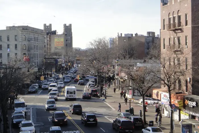 The view of Fordham Road from the elevated 4 train subway stop in the West Bronx.